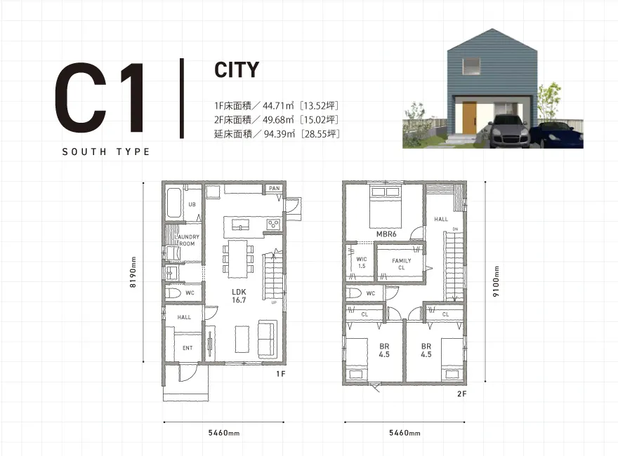 C1 CITY 1階床面積44.71㎡（13.52坪）、2階床面積49.68㎡（15.02坪）、延床面積94.39㎡（28.55坪）の間取り図