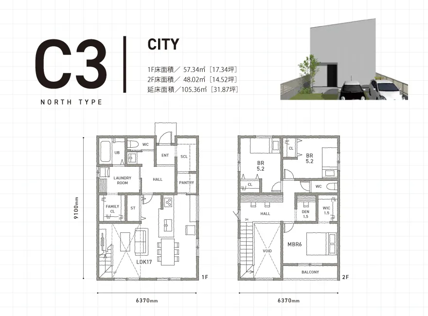 C3 CITY 1階床面積75.34㎡（17.34坪）、2階床面積48.02㎡（14.52坪）、延床面積105.36㎡（31.87坪）の間取り図