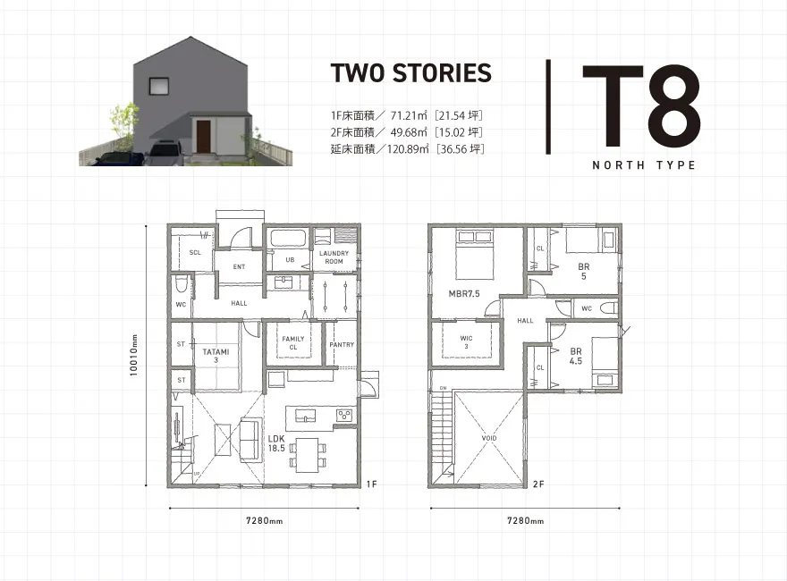 T8 TWO STORIES 1階床面積71.21㎡（21.54坪）、2階床面積49.68㎡（15.02坪）、延床面積120.89㎡（36.56坪）の間取り図